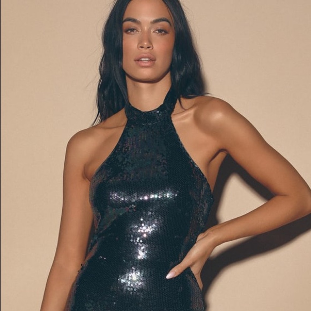NWT Lulus Black Multi Sequin Halter Bodycon Dress